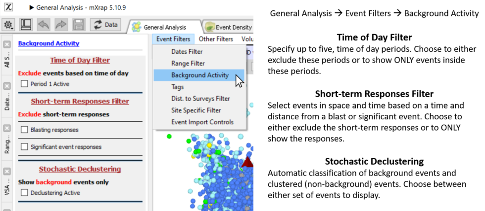 Background activity filter panel showing time-of-day and short-term response filtering options