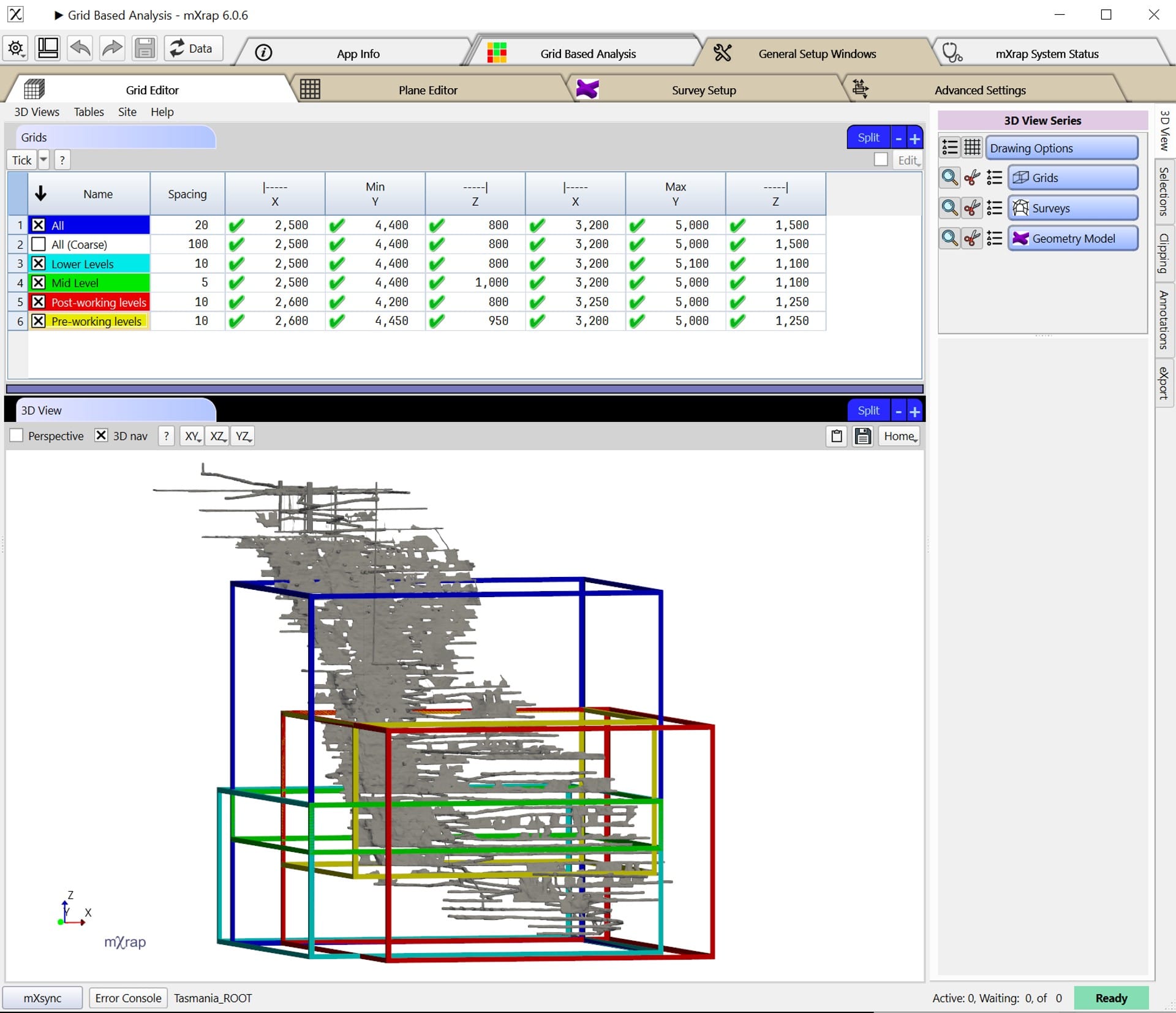 Grid Editor table showing multiple grids with varying spacings: mine-wide grids at 20m and 100m, and area-specific grids at 5m and 10m