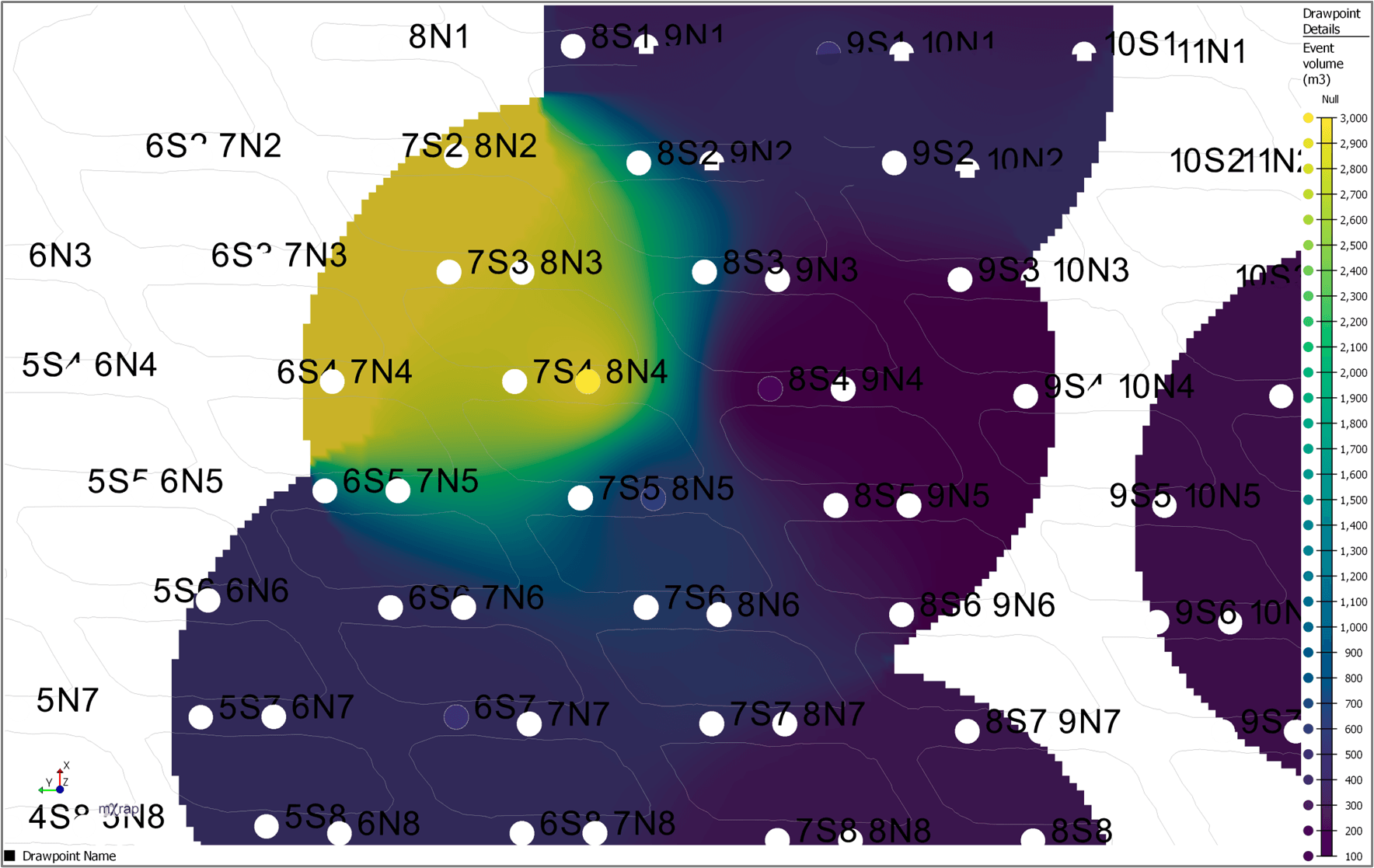Figure 5 Inrush volume by drawpoint and heat map