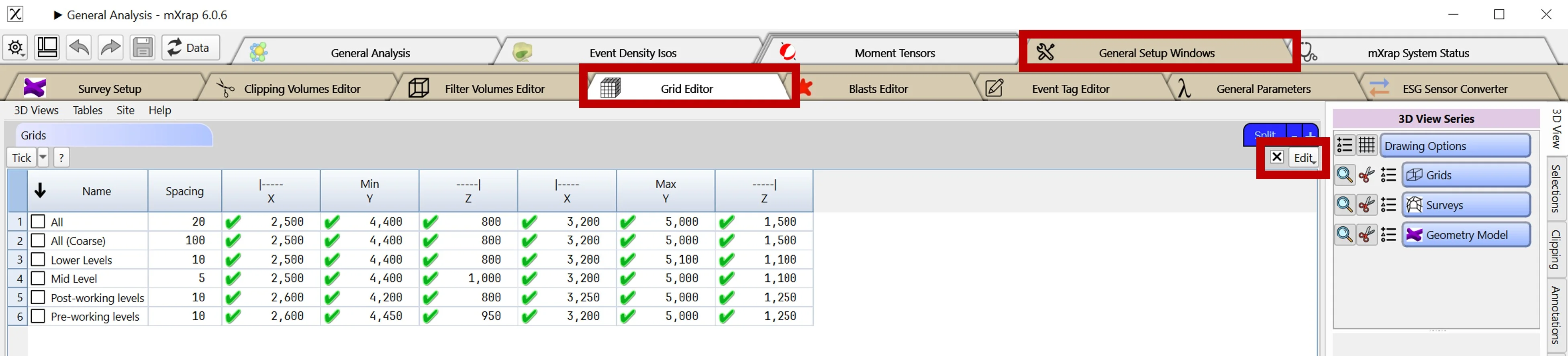 Grid Editor window showing the grids table with edit options