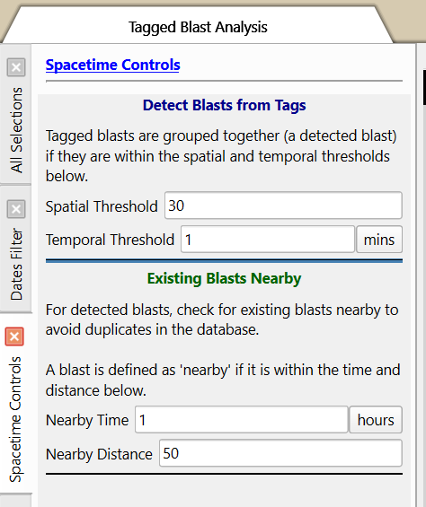 Spacetime Controls panel in the Location Quality window